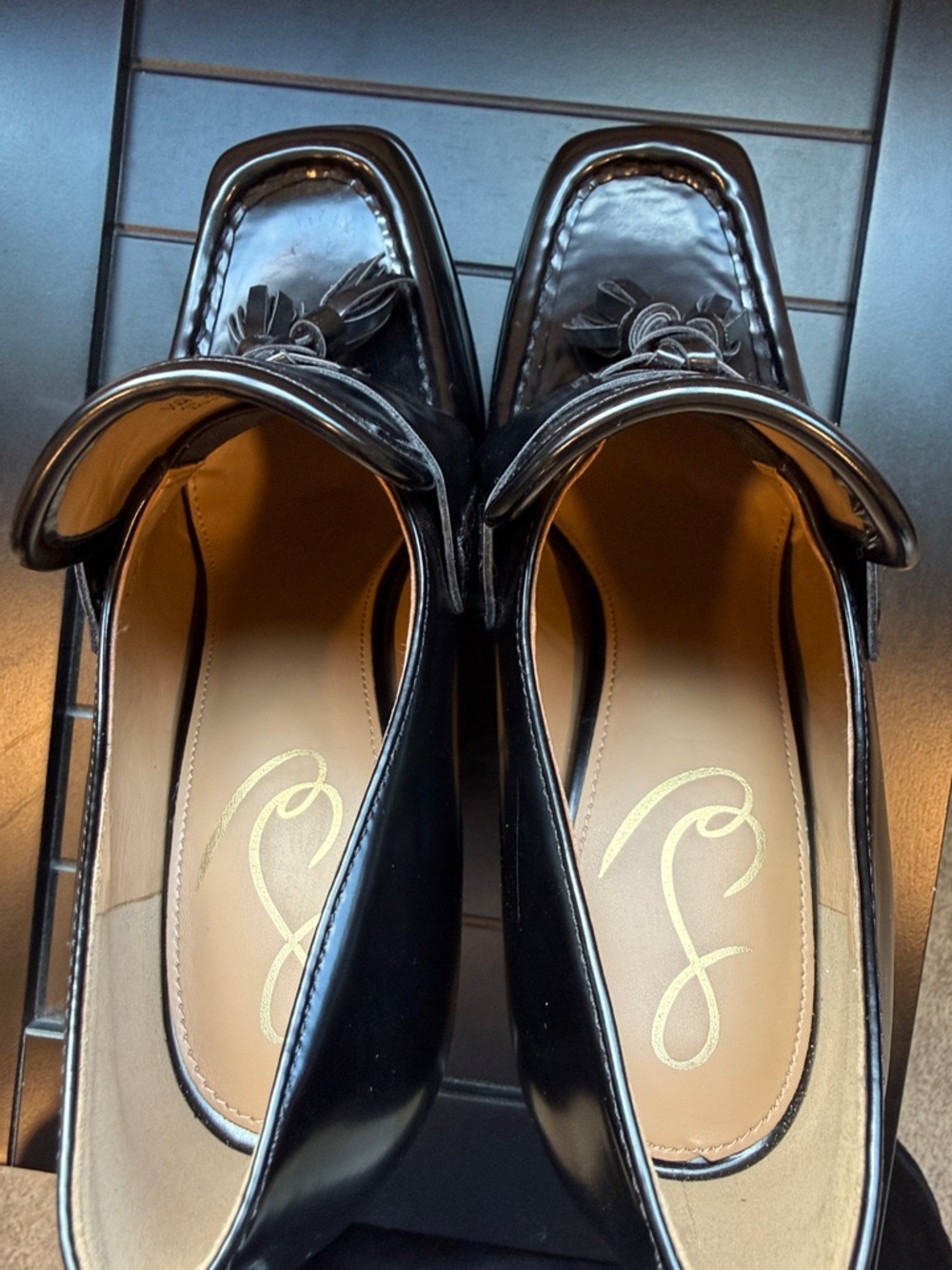Black Tassel Platform Loafers - Women's High Heel Dress Shoes - Picture 3 of 6